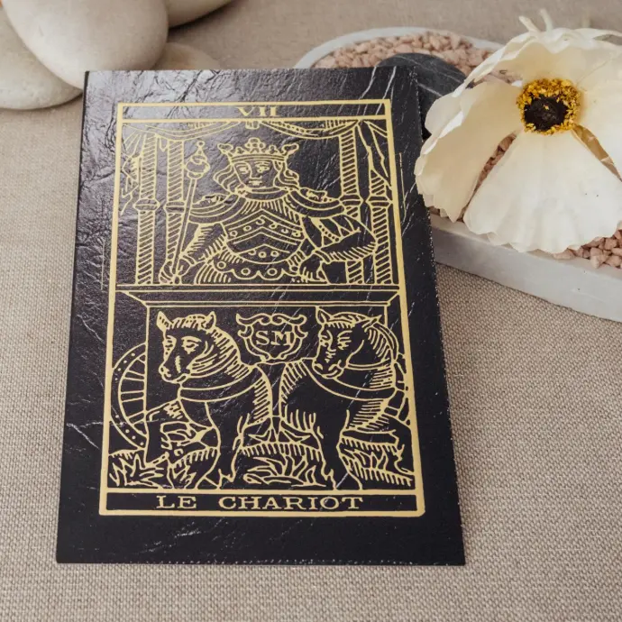Carte du tarot Le Chariot – illustration du parfum du Tarot TSAEY, photographiée en mise en scène naturelle.