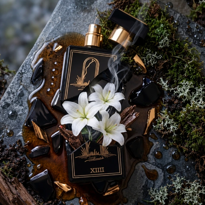 Parfum Arcane XIII parmi des lys blancs, de la mousse et de la terre humide